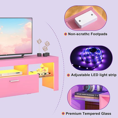 Clikuutory Modern Lighting 51 inch TV Stand with Large Storage Drawer for 32 40 50 55 Inch TVs, TV Console with 20 Color LED Lights, Entertainment Center Media and Open Shelf for Bedroom, Pink