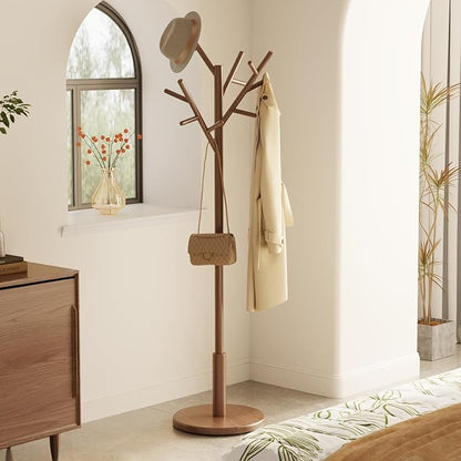 Coat Rack,Solid Wood Coat Rack Freestanding with 12 Hooks,Coat tree freestanding 3 Adjustable Heights for coat, Hats, Handbags，Coat Stand for Entryway,Bedroom (Walnut)