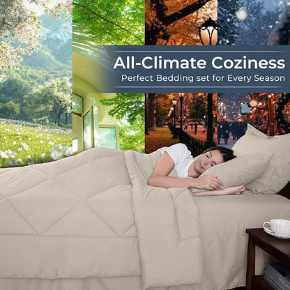 HEVUMYI Beige Tan Cali-King Comforter Set - 7-Piece All Season Bed in a Bag Cali-King, Ultra Soft Bedding Set with Comforter, Flat Sheet, Fitted Sheet, Pillowcases, Pillow Shams, Beige Tan