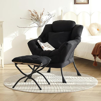 Lazy Chair with Ottoman, Modern Lounge Accent Chair with Armrests and a Throw Pillow, Leisure Sofa Chair Set, Reading Chair with Footrest for Living Room, Bedroom, Dorm Room, Midnight Black