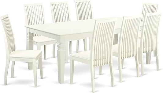 East West Furniture LGIP9-LWH-W 9 Piece Dining Table Set Includes a Rectangle Dining Room Table with Butterfly Leaf and 8 Wooden Seat Chairs, 42x84 Inch, Linen White