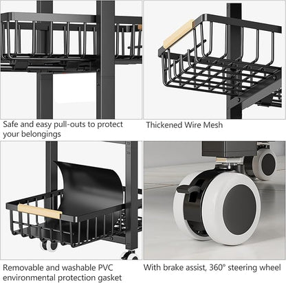 Kitchen Storage Cart Slim Rolling Cart On Wheels,5-Tier Skinny Kitchen Island Utility Organizer Storage Cart with Pull-Out Baskets and Wood Top,Mesh Fruit Basket Cart with Handle