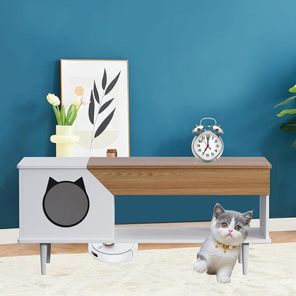 GAOMON White Coffee Table 45'' Cat Living Room Tables with Storage Drawer, Wooden Rustic Coffee Table with Cat House, Multifunctional Hidden Kitty Litter Box Furniture