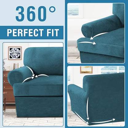 H.VERSAILTEX Sofa Cover 2 Piece T Cushion Armchair Slipcovers Velvet Couch Cover Furniture Protector Stretch T Cushion Sofa Covers for 1 Cushion Couch with 1 Individual T Cushion Covers, Deep Teal