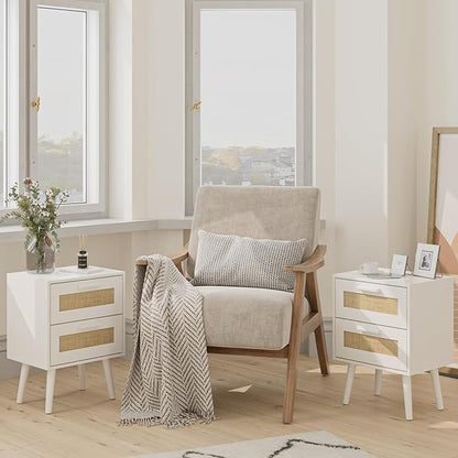 Masupu Rattan Night Stand, Modern nightstand Boho Bedside Table with 2 Drawer, Small End Side Table for Bedroom,Living Room,Office,White