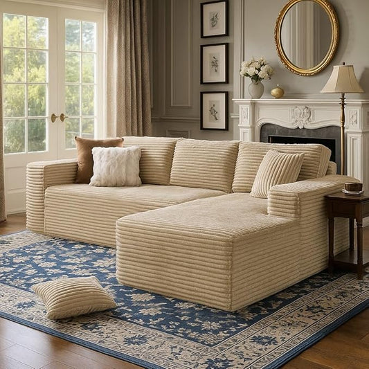 COMHOMA 105”Modular Sectional Sofa with Deep Seat,Cloud Upholstered L-Shape Couch Wide Arms Corduroy Fabric High-Density Foam Chaise Lounge for Living Room No Assembly Required