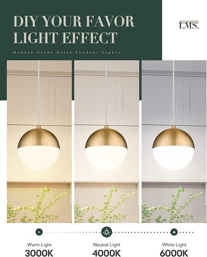 LMS Mid Century Pendant Lights, Brushed Gold Kitchen Island Light Fixtures with White Globe Glass Shade, Adjustable Hanging Cord, 3-Pack for Home Office Dining Room Bathroom, LMS-186PL-BGWS3PK