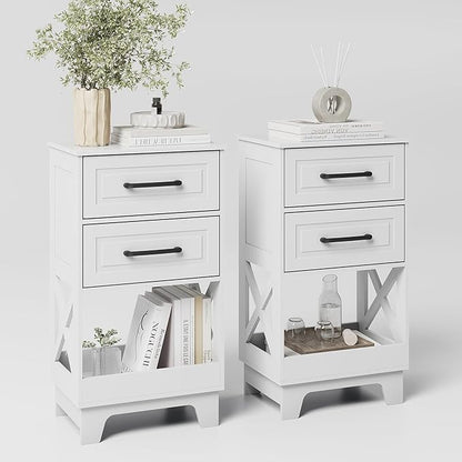Tall Nightstand Set of 2 Side Table with 2 Drawers Modern Night Stand Wooden End Table Bedside Table with Below Open Shelf Solid Feet for Bedroom, Living Room, White