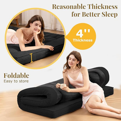 Japanese Floor Mattress, 4" Thicken Futon Mattress Full Size Sleeping Pad, Corduroy Foldable Mattress Pad Roll Up Tatami Mat Floor Mattress for Adults（Black）
