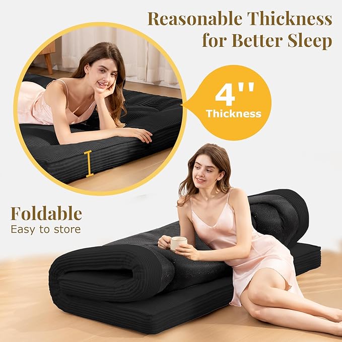 Japanese Floor Mattress, 4" Thicken Futon Mattress Queen Size Sleeping Pad, Corduroy Foldable Floor Pad, Roll Up Tatami Mat for Adults Guest Room Bedroom, Black