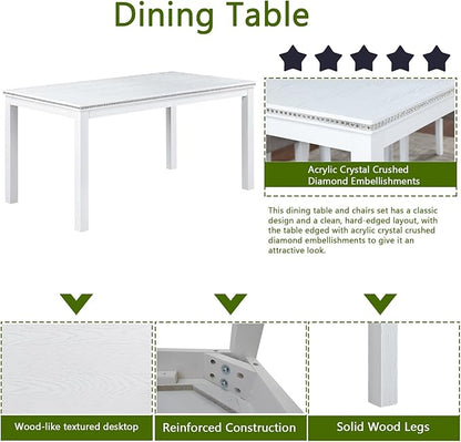 KEIKI 6-Piece Standard Height Dining Table Set with Rectangular Table, 4 Upholstered Chair, Bench, for 6 Person, Modern Crystal Decoration Table Set, Easy Assembly, for Kitchen, Dining Room, White