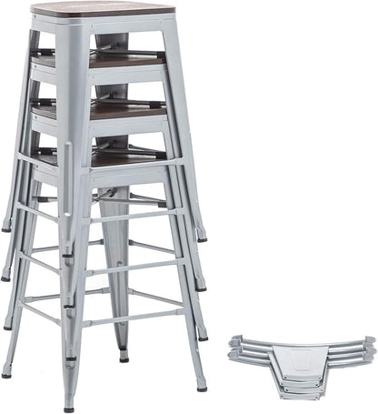 Yongqiang 24 inch Bar Stools Set of 4 High Back Kitchen Counter Height Bar Chairs Silver Metal Barstools with Large Wooden Seat