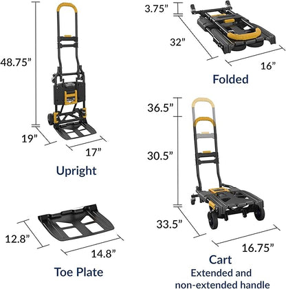 COSCO 12225YGB1E 2-in-1 Folding Hand Truck, 300 lb. Capacity, Multi-Position with Extendable Handle, Black/Yellow