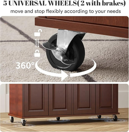 Rovibek Kitchen Island On Wheels Rolling Islands with Storage & Drawers Cabinet Spice Rack Towel Rack, Brown