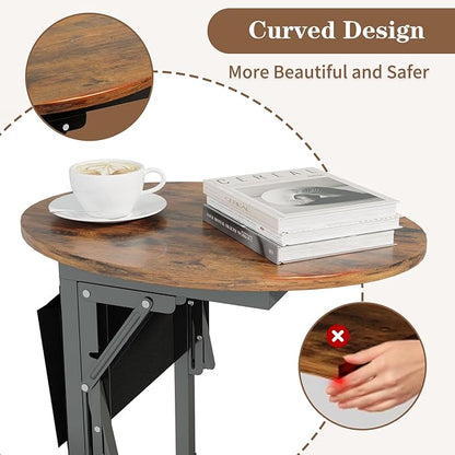 Folding C Shaped End Table, Small Side Table with Storage Bag for Sofa, Couch Table with Wheels, TV Tray Table for Living Room, Bedroom, Rustic Brown