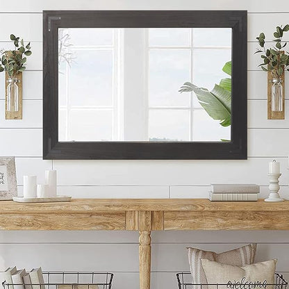 YOSHOOT Rustic Wooden Framed Wall Mirror, Natural Wood Bathroom Vanity Mirror for Farmhouse Decor, Vertical or Horizontal Hanging, 60" x 36", Black