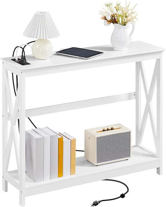 Yaheetech 40" Console Table with 2 Outlet and 2 USB Ports, Wooden Entryway Table with X-Shaped Design, Narrow Sofa Table for Living Room and Hallway,White