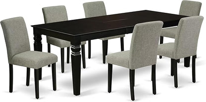 East West Furniture LGAB7-BLK-06 7 Piece Dining Room Table Set Consist of a Rectangle Wooden Table with Butterfly Leaf and 6 Shitake Linen Fabric Upholstered Chairs, 42x84 Inch, Black