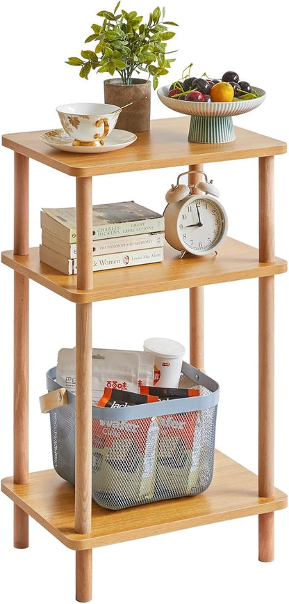 IBUYKE 3-Tier Side Table, Solid Wood Tall End Table with Storage Shelves, Nightstand Bedside Table for Living Room Bedroom Office, No-Tool Assembly, Natural UWST003N