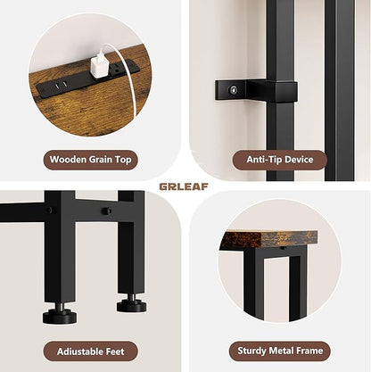 GRLEAF 63" Narrow Console Sofa Table with Built-in Power Strip (4 AC Outlets & 4 USB Ports) – 4.9ft Power Cord, Metal Frame, Easy Assembly, Ideal for Behind Couch, Hallway, and Office | Rustic Brown