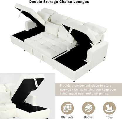 Ball & Cast 110.2" Oversized Versatile Sectional Sleep Sofa with Two USB Ports,U-Shape 4 Seat Pull-Out Couch w/Double Storage Chaise Lounges,for Living Room,Apartment,Office,Beige
