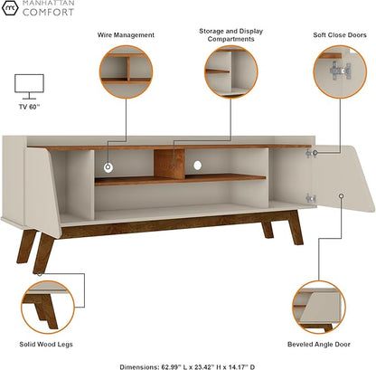 Manhattan Comfort Marcus Mid Century Modern 65 Inch TV Stand with Solid Wood Legs, Cable Management, 5 Shelves and Soft Close Doors, Entertainment Center and Media Console for Living Room, Off White