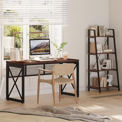 BON AUGURE Farmhouse Computer Desk, Modern Industrial Home Office Desks, Wood Metal Study Writing Table, Sturdy Gaming Desk (Rustic Oak, 54 Inch)