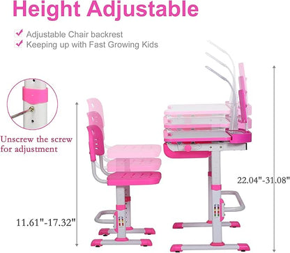 Kids Desk and Chair Set, Height Adjustable Child's School Study Writing Tables with Tilt Desktop, LED Light, Storage Drawer, Book Stand (Pink)