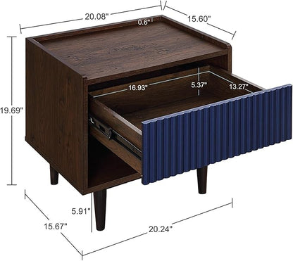 Manhattan Comfort Duane Mid Century Modern Ribbed Nightstand and Coffee Table with Storage, Living Room Furniture with Cabinet, Shelves and Iron Metal Feet, Set of 2, Navy Blue