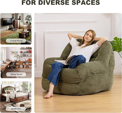 Giant Bean Bag Chair with Armrests - Oversized Cozy Seating for Adults, Corduroy Fabric & High - Density Foam Filling, Ideal Lounge for Living Room, Bedroom & Gaming Room (Olive Green)