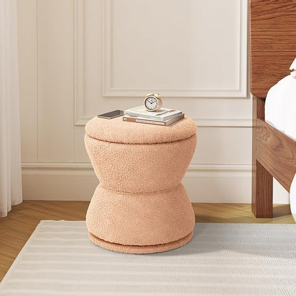 360 ° Swivel Storage Ottoman, Boucle Ottoman Vanity Stool, Upholstered Footstool with Storage Removable Lid, Modern Round Boucle Footrest Coffee Table for Living Room, Dorm, Makeup Room, Coral