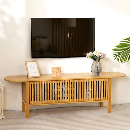 HollyHOME Bamboo TV Stand with Storage for TVs up to 65", Modern Entertainment Center with Fence Door, Accent TV Table with 2 Shelf, Media Console TV Stand for Living Room, Bedroom, Burlywood
