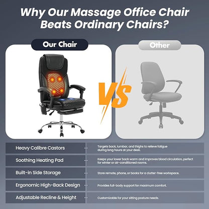 Massage Office Chair with Heat and Footrest –Reclining Desk Chair, Big and Tall Leather Computer Chair with Wheels, PU Executive Office Chair for Home, Gaming, Study, 300 lbs,Black