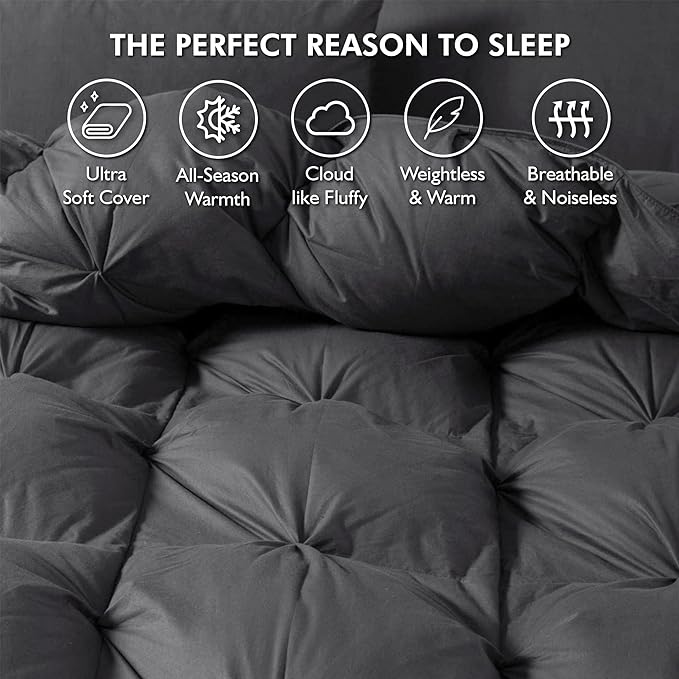 Luxurious Goose Down Feather Fiber Comforter California King Size Duvet Insert, Pinch Pleat Ruffled Twisted Flower, Premium Baffle Box, 100% Egyptian Cotton Cover, 75 oz. Fill Weight, Gray