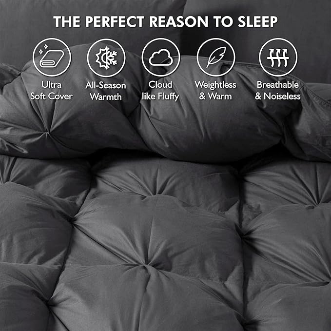 Luxurious All-Season Goose Down Feather Fiber Comforter King Size Duvet Insert, Exquisite Pinch Pleat Ruffled Twisted Flower, Premium Baffle Box, 100% Egyptian Cotton Cover, 70 oz. Fill Weight, Gray