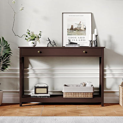 Treocho Black Console Table with Drawer and Storage Shelves, Foyer Sofa Table Narrow for Entryway, Living Room, Hallway
