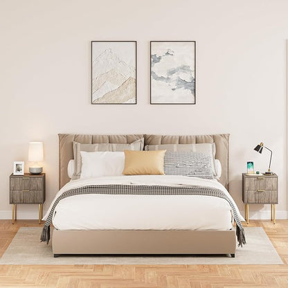 Nightstand,Small Bedside Table with Gold Frame,Morden Night Stand with 2 Drawer,End Table,Side Table with Drawer and Shelf for Bedroom,Living Room (Grey-2Drawer)