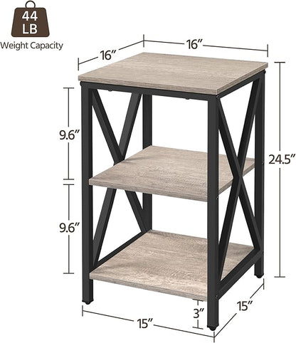 Yaheetech Industrial End Tables Set of 2, 3-Tier Side Tables with Storage Shelves for Living Room, X Design Sofa Tables, Strong Metal Frame, Easy Assembly, 16x16x24.5 in, Gray
