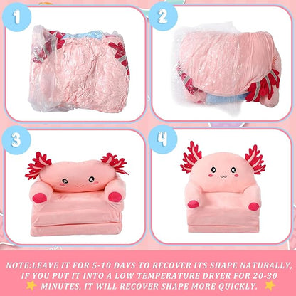 Axolotl Kids Couch Fold out 2-in-1 Toddler Sofa Fold out with Blanket, Soft Toddler Chair Comfy for Boy Girl Baby, Convertible Sofa to Lounger for Napping Reading Playing Christmas, Light Pink