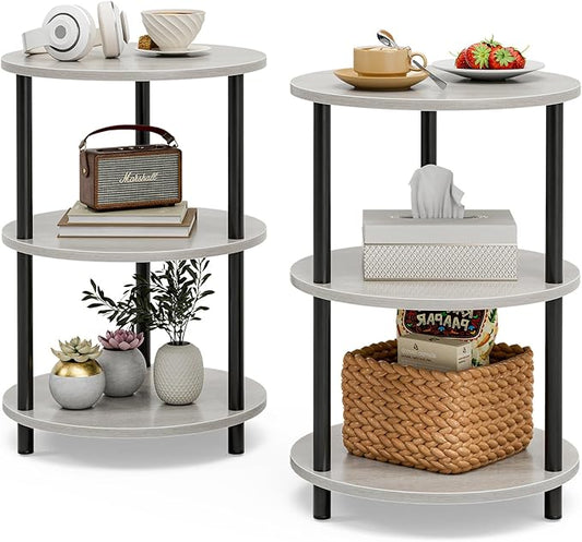 Small Round End Table - 3 Tier Design Accent Table, Narrow Side or Bedside Stand, Industrial Vintage Nightstand for Bedroom, Living Room, or Small Spaces, Set of 2, Greige