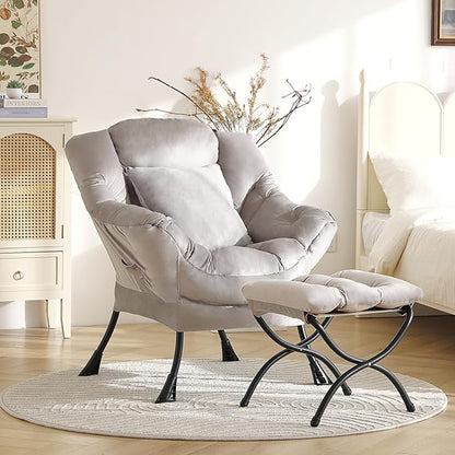 Large Lazy Chair with Ottoman, Accent Reading Chair with a Soft Grey Throw Pillow, Cozy Lounge Chair with Armrest, Leisure Sofa Chair for Living Room, Bedroom, Dorm, Velvet Soft Grey