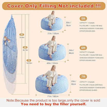 Bean Bag Covers Only, Fluffy Stuffed Beanbag Chair Covers No Filler, Washable Bean Bags Cover for Adults, Stuffed Animal Bean Bag Anti-Slip, 5FT, Blue