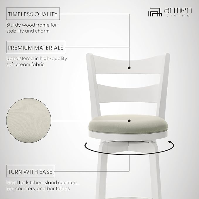 Armen Living Blair 30 in. Matte White Bar Height Rubberwood Swivel Barstool with Fog Fabric Seat - Set of 4