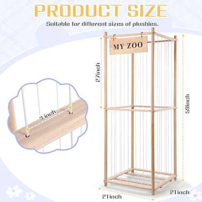 Stuffed Animal Storage Zoo, Wooden Stuffed Animal Organizer with Elastic Cords for Boys Girls, Space Saving Toy Plushies Storage Holder for Playroom, Bedroom, Living Room (Burlywood, Large)