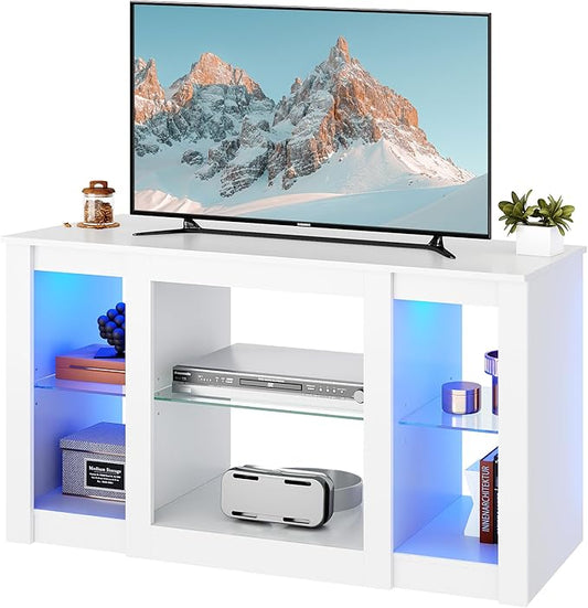 WLIVE TV Stand for 43 Inch TV, Modern Entertainment Center with LED Lights & Adjustable Glass Shelves, Sturdy Media Console for Living Room, Bedroom,Gaming (White)