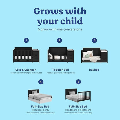 Graco Hadley All-in-One Convertible Crib & Changer (Black) – GREENGUARD Gold Certified, Fits Standard Crib Mattress, Converts to Toddler Bed and Full Bed, 4 Adjustable Mattress Heights