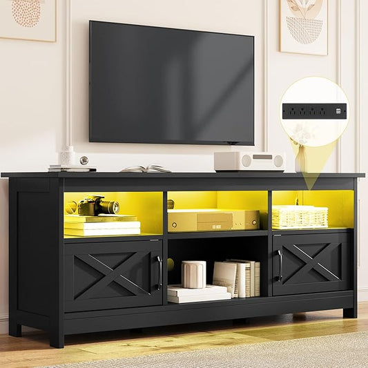 DWVO Black TV Stand for 65 Inch TV, Entertainment Centre, TV Cabinet with Power Outlet & LED Light Strip, Media Console Television Stands, Living Room Furniture 59 Inch