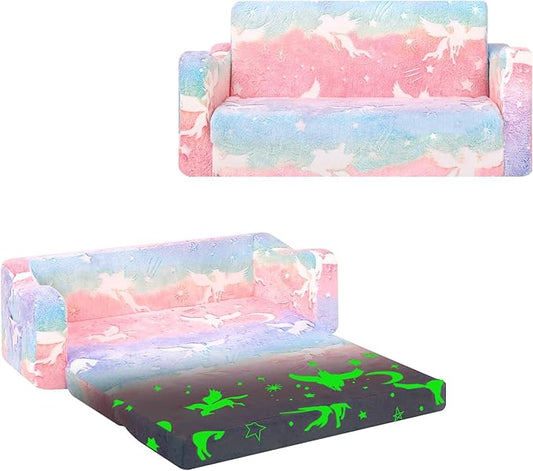 Kids Couch Extra Large,Glow in The Dark 2-in-1 Folding Kids Sofa Bed for Girls,2 Seats Convertible Sleeper Lounger Toddler Couch for Children Bedroom Playroom Nursery,Unicorn