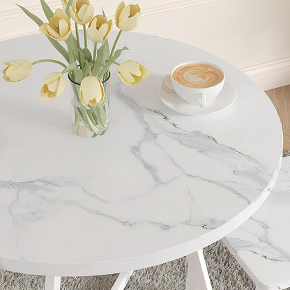 VECELO Round Dining Room Table with Wood Grain Tabletop and Steel Frame, for Kitchen, Living Room, Office, Conference, 2 to 4 Person, Fuax Marbled & White