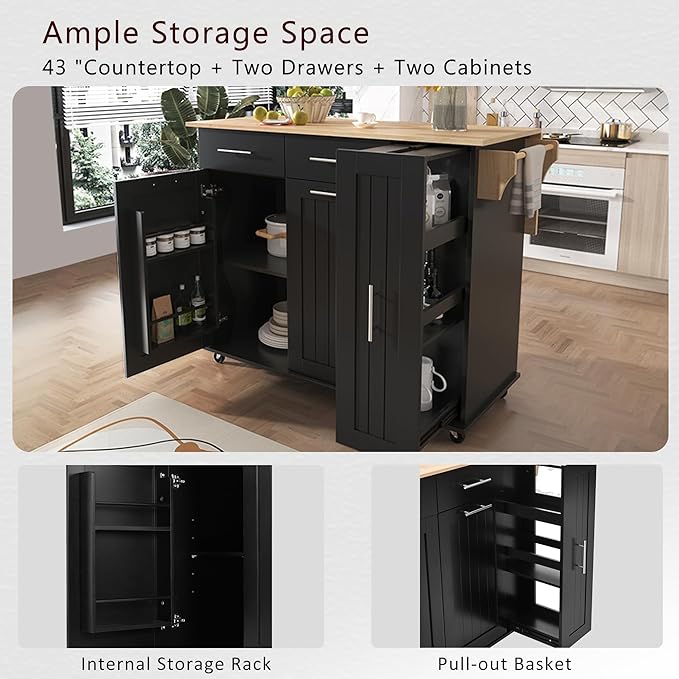 46" Kitchen Island with Drop Leaf,Dining Storage Cart W/ 3 Tier Pull Out Cabinet Organizer & Internal Storage Rack,Rolling Cart on Wheels W/Towel Rack & 2 Drawers,for Kitchen,Black